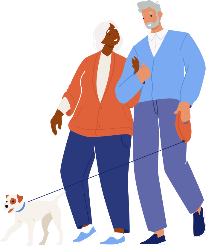 graphic of senior couple walking a dog