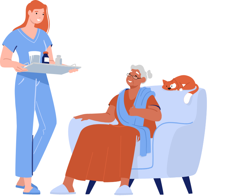 graphic of primary care doctor providing medication management service to senior woman