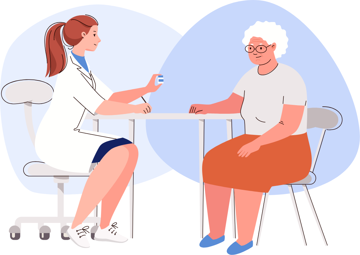 graphic of primary care doctor providing medication management service to senior woman